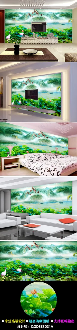 仙鹤荷花背景墙壁画
