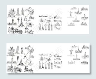 世界各地名胜古迹素描矢量图