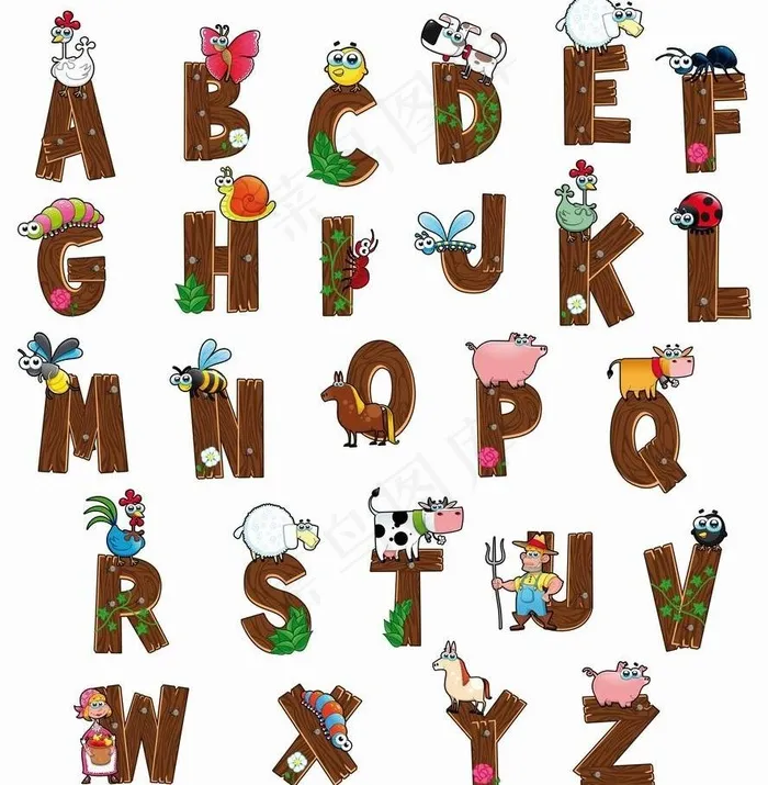 卡通动物木纹字母图片eps,ai矢量模版下载