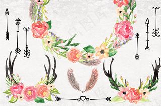 红色森系唯美手绘水彩花朵婚礼邀请卡...