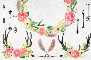 红色森系唯美手绘水彩花朵婚礼邀请卡...