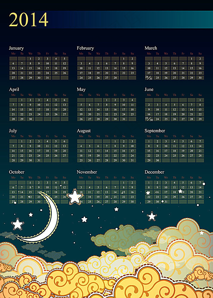 夜晚星空日历模板eps,ai矢量模版下载