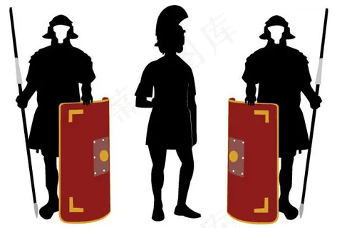 身穿盔甲手拿盾牌的古代武士剪影矢量...