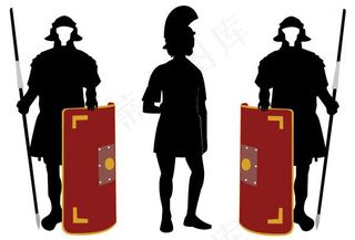 身穿盔甲手拿盾牌的古代武士剪影矢量...