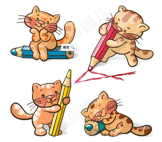 可爱猫咪与铅笔矢量素材eps,ai矢量模版下载