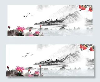 荷花仙鹤中国风文化展板PSD下载