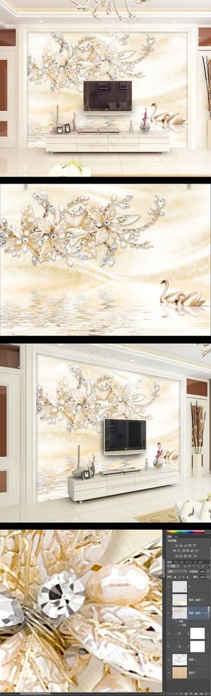 奢华珠宝蕾丝花卉电视背景墙