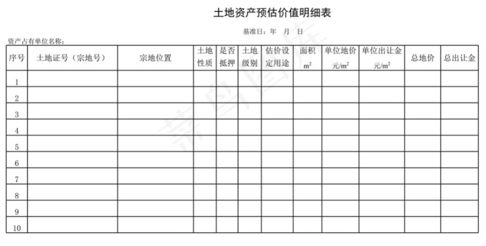土地资产预估价值明细表