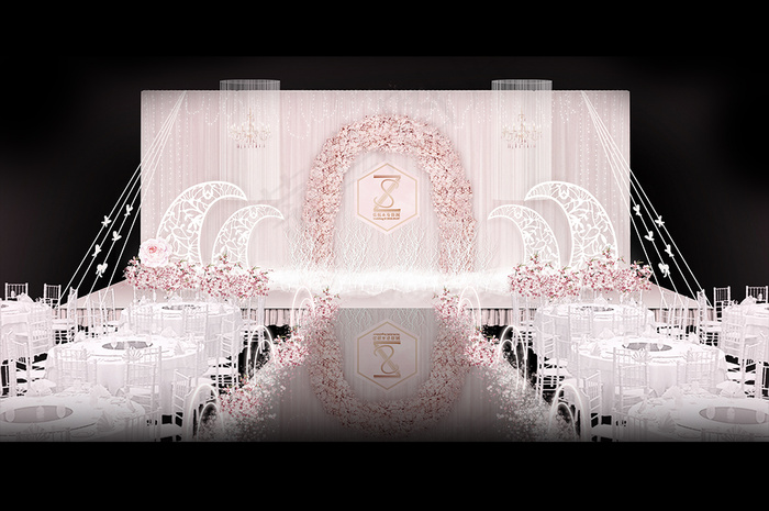 粉色线帘鲜花拱门婚礼主舞台效果图