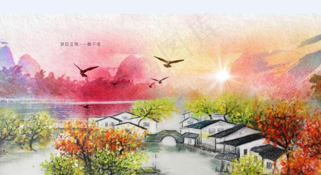 江南水乡彩绘(7205X3602(DPI:300))psd模版下载