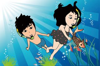 卡通矢量情侣海底世界游泳秀恩爱与爱情