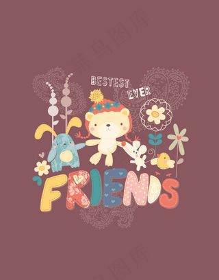 卡通动物印花素材 动物朋友手拉手