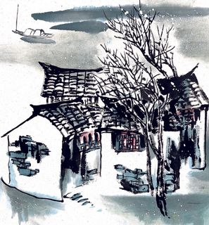 国画江南水乡冬天