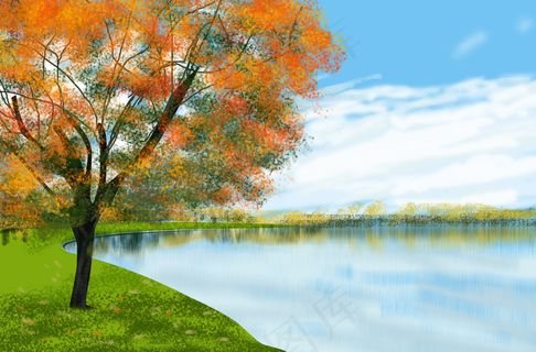 唯美大树河边风景插画设计