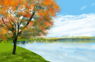 唯美大树河边风景插画设计
