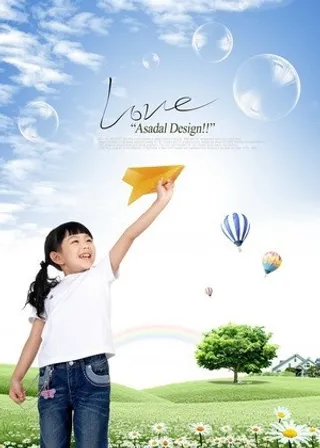 拿纸飞机的小女孩图片素材（psd分层）