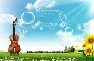 草地上的大提琴和泡泡