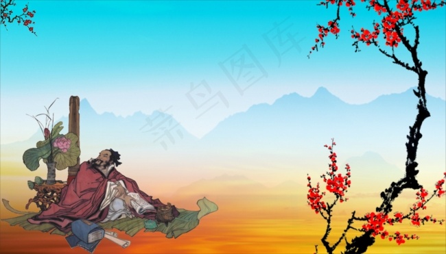 梅花诗人山川背景cdr矢量模版下载