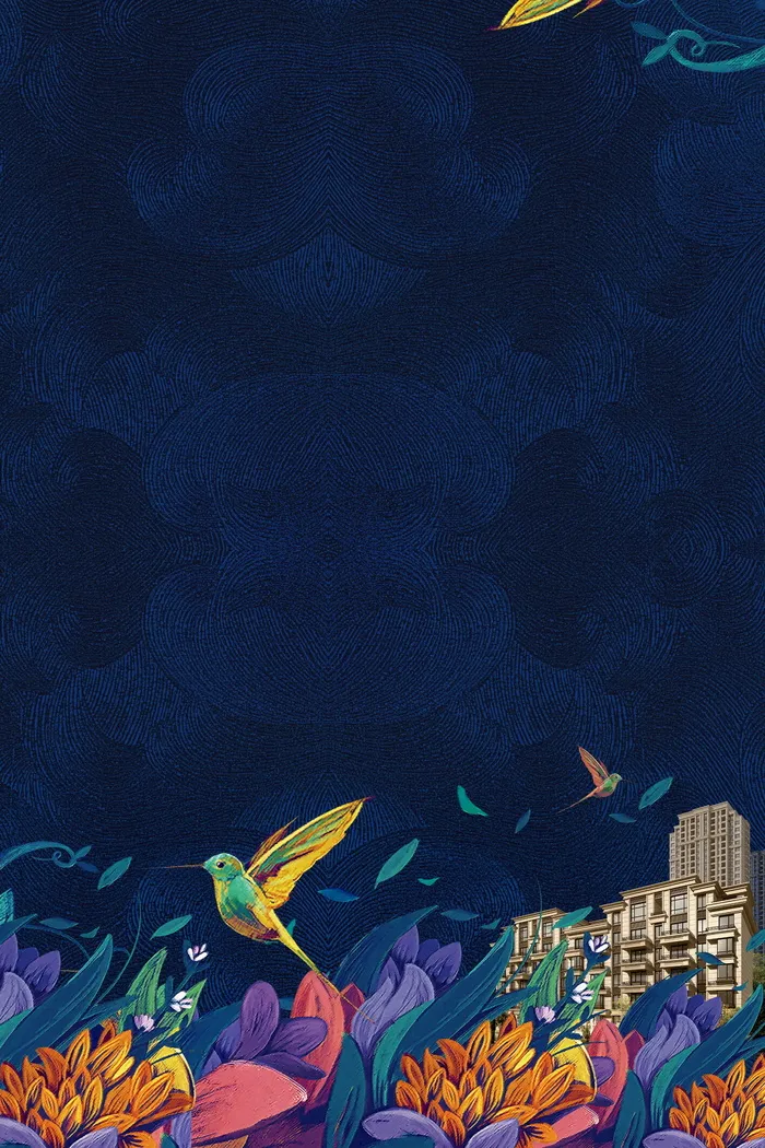 深色图案背景手绘鸟儿飞停房地产背景素材(3543X5315(DPI:150))psd模版下载