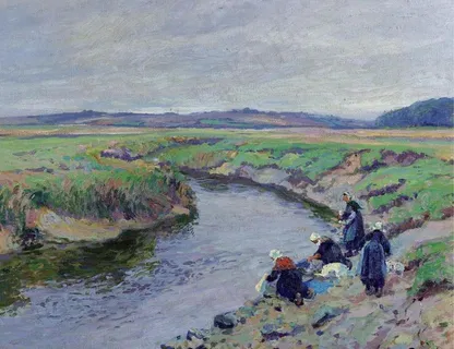 山边妇女油画图片