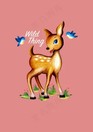 手绘卡通动物梅花鹿小鸟