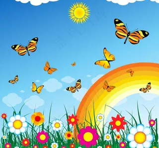 蓝天白云彩虹草地鲜花蝴蝶图片