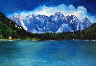 油画 雪山湖泊图片