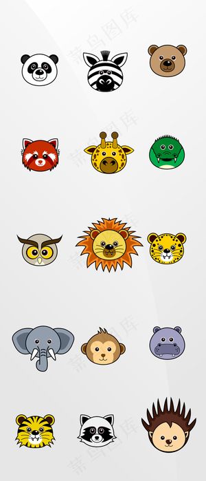 手绘卡通小动物头像猴子熊猫刺猬矢量...