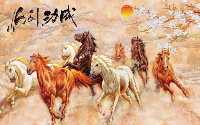 精美手绘马到成功大理石电视背景墙八...(9071X5669(DPI:72))psd模版下载