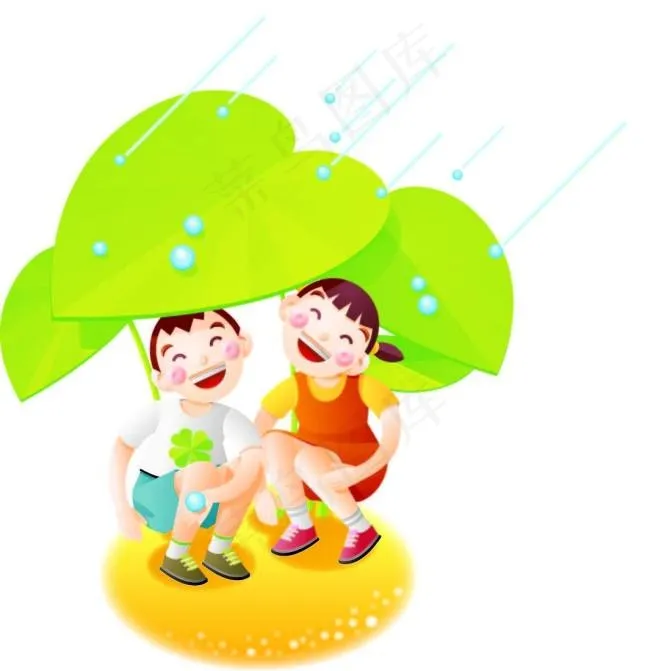 叶子下躲雨的孩子ai矢量模版下载