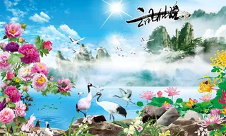 现代高雅清新百花争艳仙鹤戏水鸟山水...