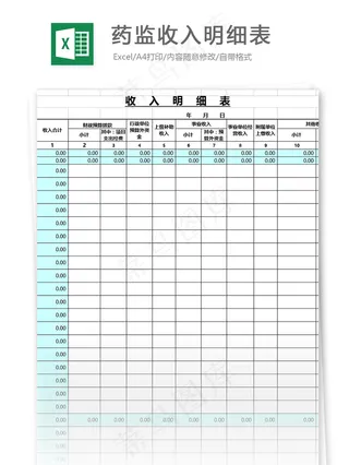 药监收入明细表格