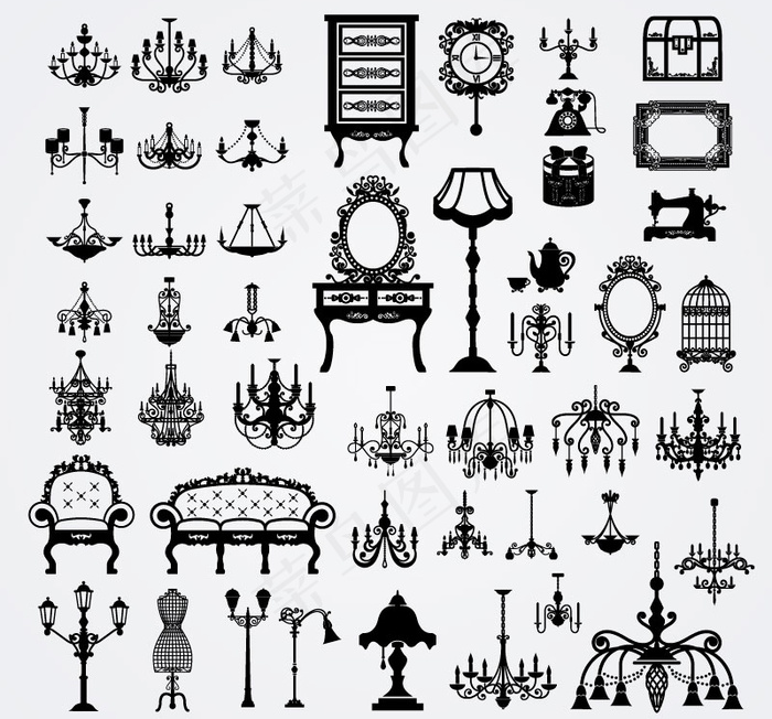 复古家具与灯饰设计矢量素材