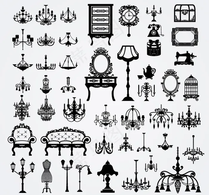 复古家具与灯饰设计矢量素材ai矢量模版下载