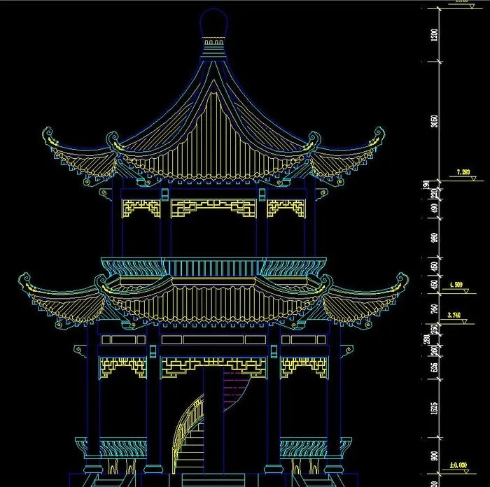 双层古式六角亭正立面图