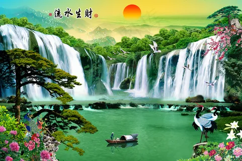 流水生财迎客松客厅电视背景墙
