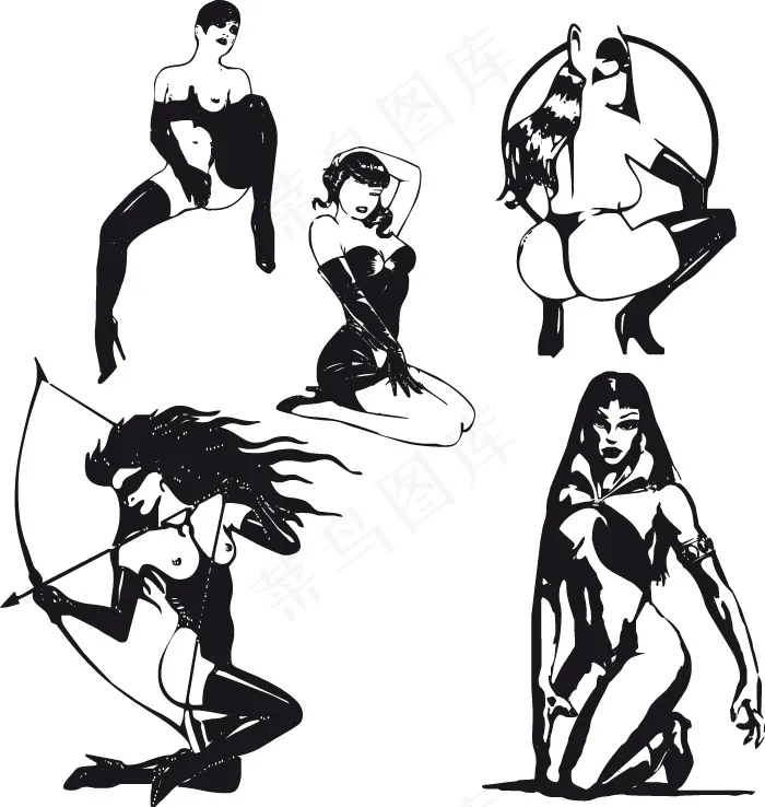 性感美女黑白剪影矢量图3eps,ai矢量模版下载