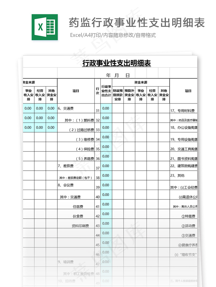 药监行政事业性支出明细表格
