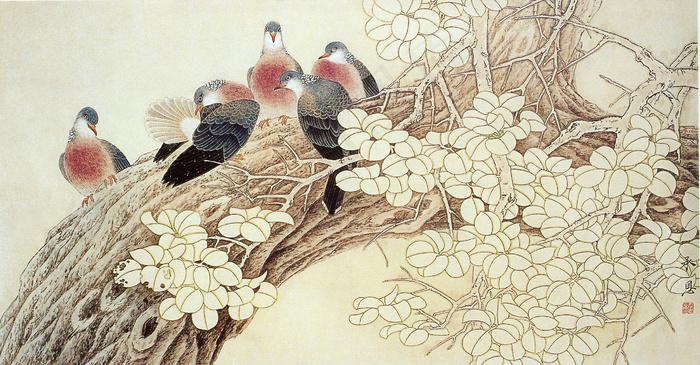 工笔鸽子小鸟玉兰桃花树枝休息