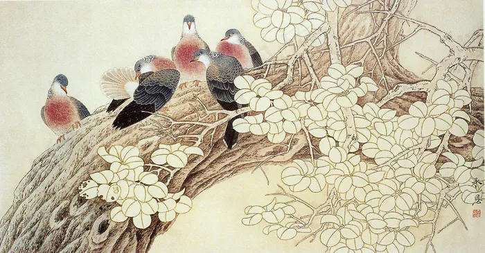 工笔鸽子小鸟玉兰桃花树枝休息 工笔鸽子小鸟玉兰桃花树枝休息