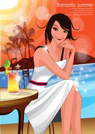 大海沙滩美女插画