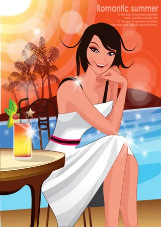 大海沙滩美女插画