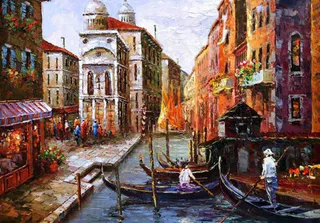 手绘欧洲小镇水上街道油画psd素材...