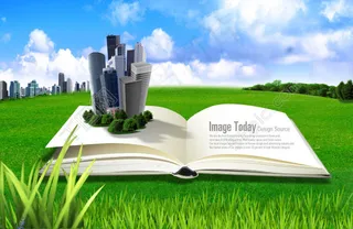 草地上的书本和城市