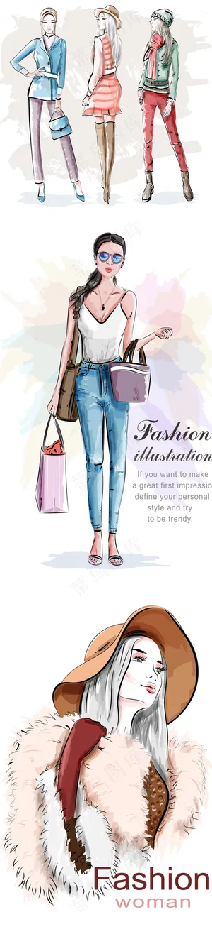 手绘时尚年轻女性人物矢量素材