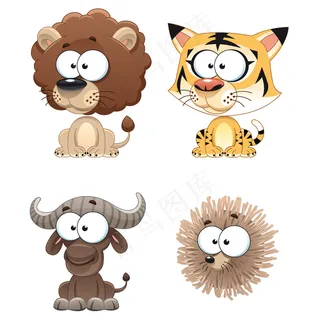 卡通动物狮子老虎牛矢量图