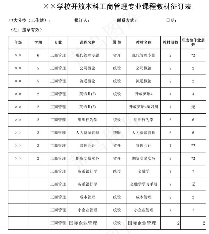 学校开放本科工商管理专业课程教材征...