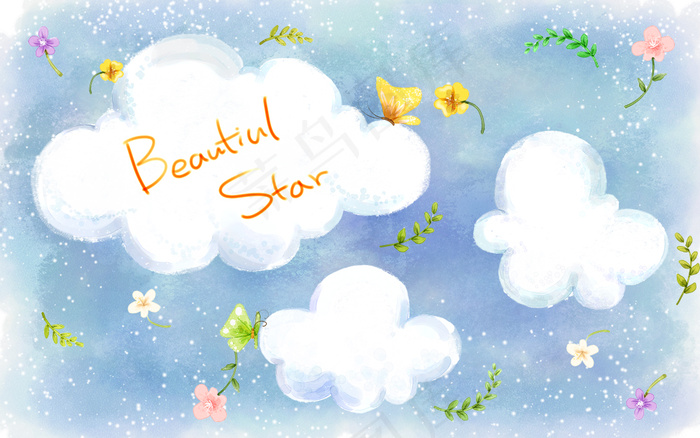 卡通白云蝴蝶背景PSD素材