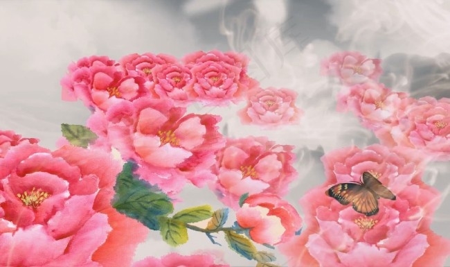 LED背景视频水墨国画牡丹花开蝴蝶...