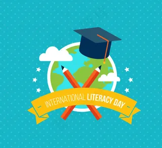 国际扫盲日世界和学士帽的蓝色背景